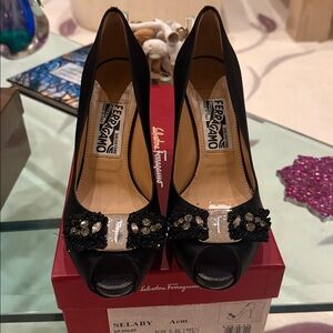 Salvatore Ferragamo Black Embellished Peep Toe Heels